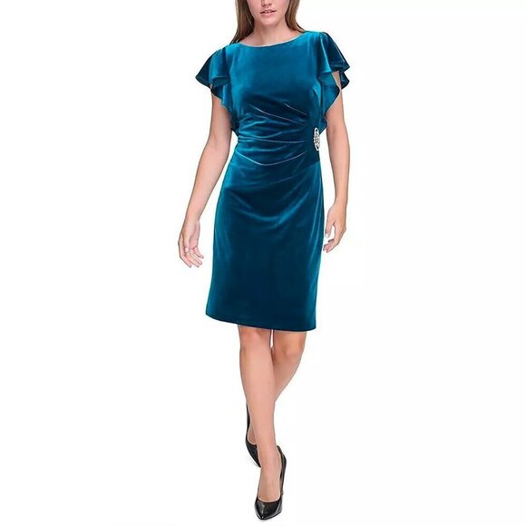 Jessica Howard Size 14W Blue Velvet Cocktail Dress Flutter Sleeve Embellished - Picture 1 of 12